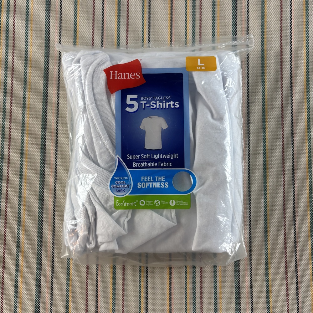 Hanes Shirt Boys Large White 5 Pack Tagless Lightweight Soft EcoSmart 14-16 New